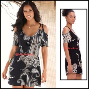 Lascana for Venus Black & Beige Paisley Cold Shoulder Dress SZ M $55